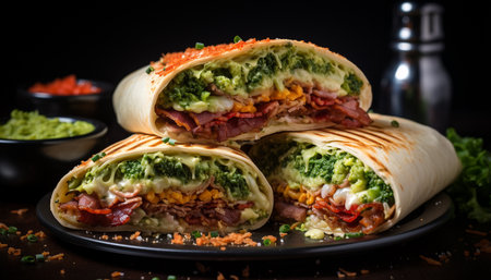 Homemade grilled beef taco with fresh guacamole and cilantro generated by artificial intelligenceの素材