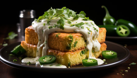 A fresh, grilled vegetable plate on a wooden table generated by artificial intelligenceの素材