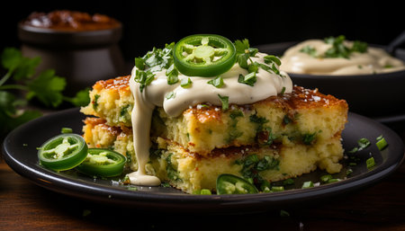 Grilled meat slice on a plate, fresh and healthy generated by artificial intelligenceの素材