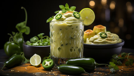 Freshness on table guacamole, cocktail, lime, fruit, ice, cilantro generated by artificial intelligenceの素材