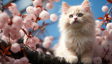 Cute kitten sitting on branch, looking at pink flower generated by artificial intelligenceの素材