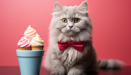 Cute kitten looking at camera, celebrating with sweet gift generated by artificial intelligenceの素材
