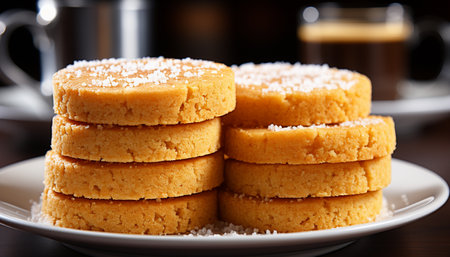 Freshly baked homemade chocolate cookies on a yellow plate generated by artificial intelligenceの素材