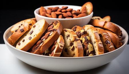 Freshly baked homemade bread, stacked high with indulgent chocolate cookies generated by artificial intelligenceの素材