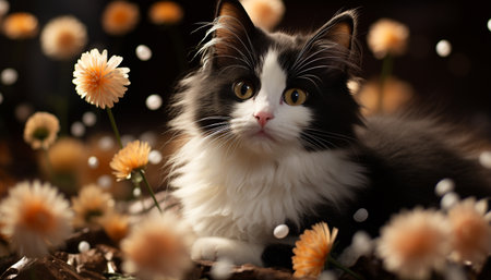 Cute kitten sitting in grass, looking at camera, playful generated by artificial intelligenceの素材