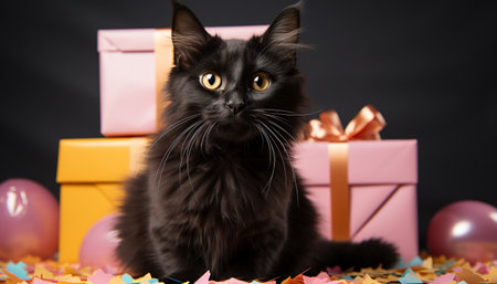 Cute kitten with gift, looking playful, celebrating birthday party generated by artificial intelligenceの素材