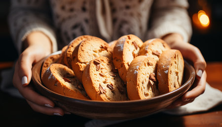 A homemade chocolate chip cookie stack on a rustic table generated by artificial intelligenceの素材