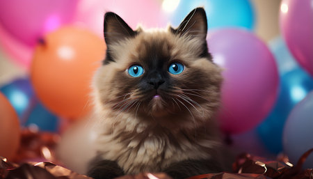 Cute kitten with blue balloon celebrates birthday, playful and fun generated by artificial intelligenceの素材