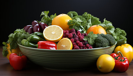 Fresh vegetable salad tomato, lemon, bell pepper, orange, lime, grape generated by artificial intelligenceの素材