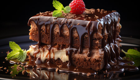 Freshness and indulgence in a gourmet dark chocolate dessert generated by artificial intelligenceの素材