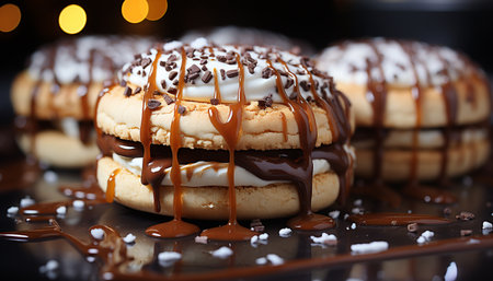 Freshly baked homemade chocolate donut on a rustic wooden plate generated by artificial intelligenceの素材