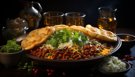 Freshness and spice on a gourmet taco plate, cooked to perfection generated by artificial intelligenceの素材