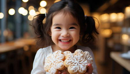Cute girls smiling, one cheerful child enjoying sweet winter cookie generated by artificial intelligenceの素材