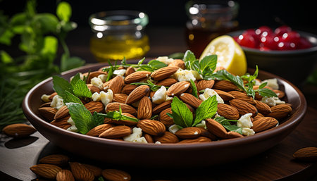 Fresh organic fruit snack on wooden table, healthy and delicious generated by artificial intelligenceの素材