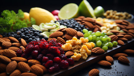 Healthy eating a variety of fresh, organic fruits and nuts generated by artificial intelligenceの素材