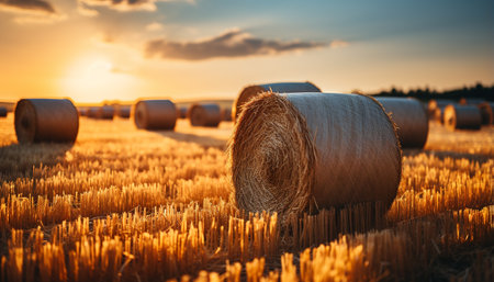 Sunset over a golden meadow, nature harvest in agriculture generated by artificial intelligenceの素材