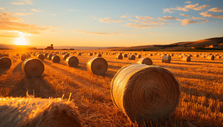 Sunset over a rural farm, meadow golden with harvested wheat generated by artificial intelligenceの素材