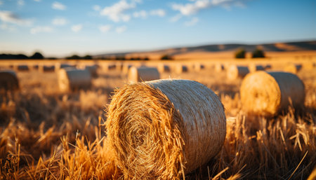 Agriculture beauty in nature yellow meadow, rolled up haystacks, blue sky generated by artificial intelligenceの素材