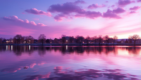 Tranquil sunset reflects beauty in nature, serene landscape, pink sky generated by artificial intelligenceの素材