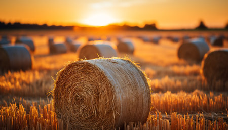 Sunset over a rural farm, meadow golden with harvested hay generated by artificial intelligenceの素材