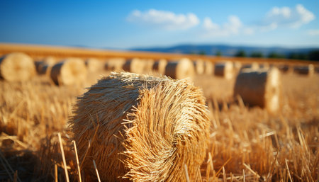 Agriculture industry rolls golden hay bales in nature meadow generated by artificial intelligenceの素材