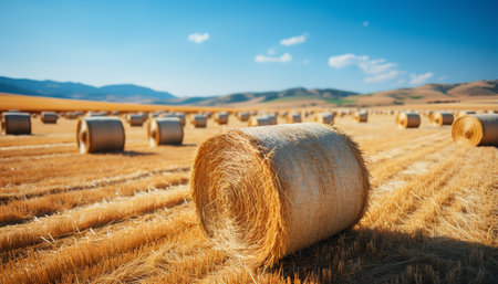Agriculture beauty in nature rolled up hay bales in meadow generated by artificial intelligenceの素材