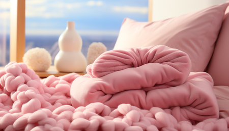 Fluffy pink pillow brings comfort and relaxation to bedroom generated by artificial intelligenceの素材