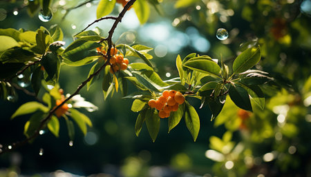 Fresh green leaves on a tree branch in a vibrant forest generated by artificial intelligenceの素材