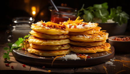 Homemade pancake stack on wooden plate, ready to eat sweetness generated by artificial intelligenceの素材