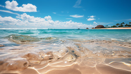 Idyllic tropical coastline, turquoise wave, tranquil sunset over water generated by artificial intelligenceの素材