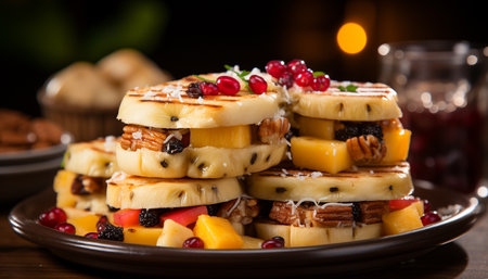 Freshness and sweetness on a homemade gourmet dessert plate generated by artificial intelligenceの素材