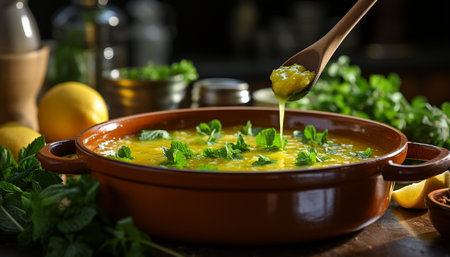 Healthy vegetarian meal Fresh homemade soup with organic ingredients generated by artificial intelligenceの素材