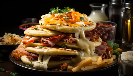 Grilled beef, fresh vegetables, homemade bread, savory sauce, ready to eat generated by artificial intelligenceの素材