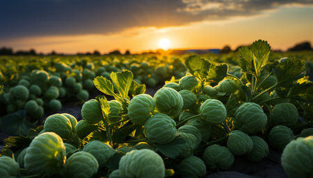 Sunset over meadow, green leaves, yellow flowers, nature beauty generated by artificial intelligenceの素材