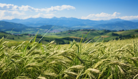 Fresh green meadow, wheat field, tranquil forest, mountain range generated by artificial intelligenceの素材
