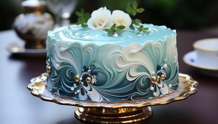 Elegant wedding cake with chocolate, flowers, and homemade decorations generated by artificial intelligenceの素材