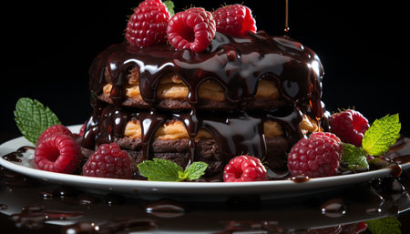 Gourmet chocolate cake slice with fresh raspberry and mint leaf generated by artificial intelligenceの素材