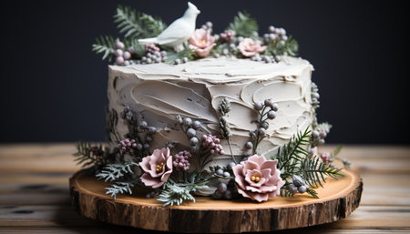 Homemade chocolate cake with fresh berries, rustic wood decor generated by artificial intelligenceの素材