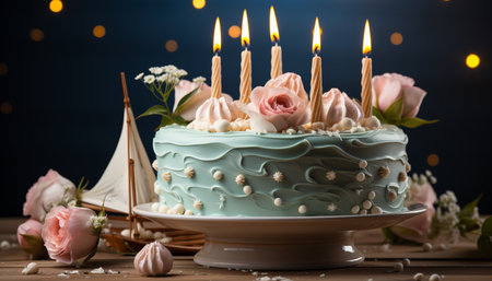 Gourmet chocolate cake, whipped cream, strawberry, candle, celebration generated by artificial intelligenceの素材