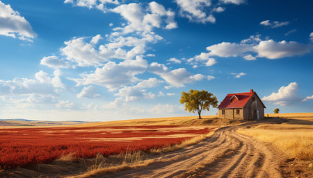 Tranquil autumn meadow, blue sky, yellow wheat, green forest generated by artificial intelligenceの素材