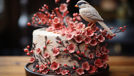 Homemade gourmet dessert sweet chocolate cake with raspberry icing generated by artificial intelligenceの素材