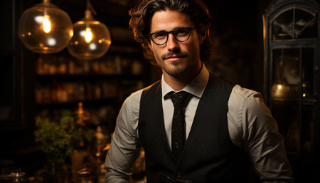 A confident businessman in a suit, looking at camera, smiling generated by artificial intelligenceの素材