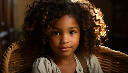 Smiling African girl sitting, looking at camera, radiating happiness generated by artificial intelligenceの素材