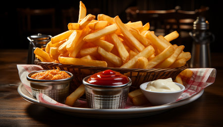 Freshly fried French fries on a gourmet meal plate generated by artificial intelligenceの素材