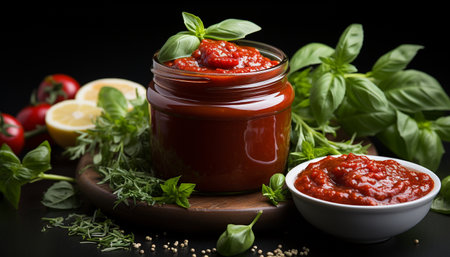 Fresh tomato sauce, homemade dip, savory pasta, healthy vegetarian meal generated by artificial intelligenceの素材