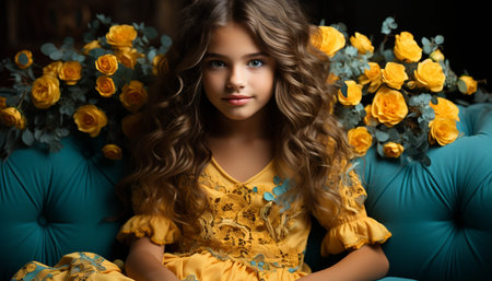 A cheerful girl with curly hair sitting on a bed generated by artificial intelligenceの素材