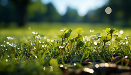Fresh green grass and flowers bloom in the summer meadow generated by artificial intelligenceの素材