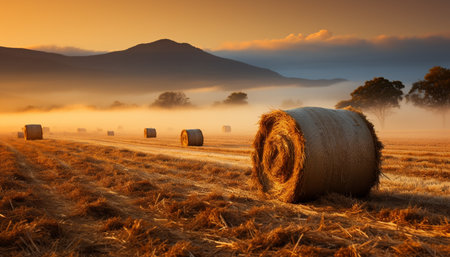 Sunset over a rural farm, haystacks bask in golden sunlight generated by artificial intelligenceの素材