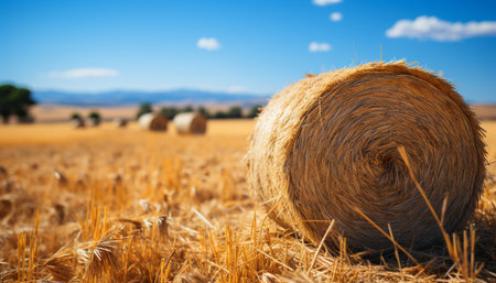 Agriculture beauty in nature yellow meadow, rolled up haystacks generated by artificial intelligenceの素材