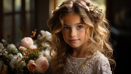 A cute, smiling girl holding a flower, looking at camera generated by artificial intelligenceの素材